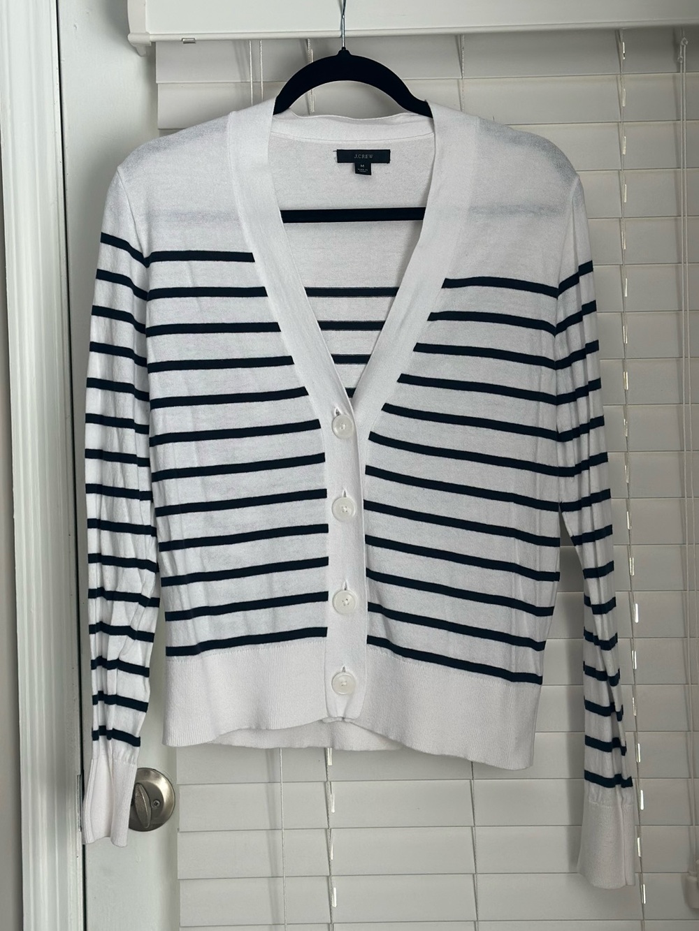 J. Crew White and Navy Striped V-Neck Button Cardigan
